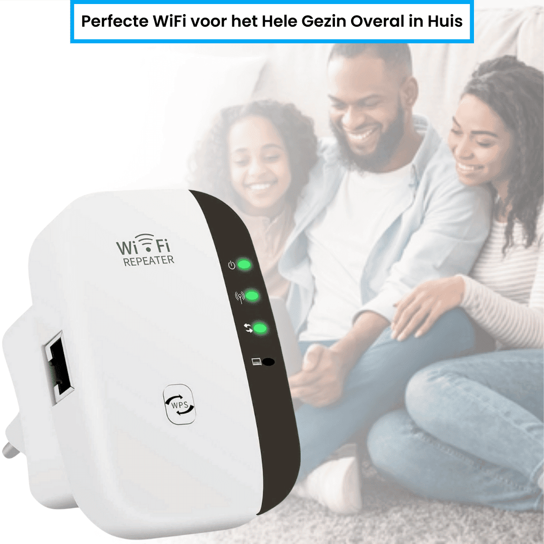 Familie gebruikt WiFi-repeater in woonkamer voor betere verbinding