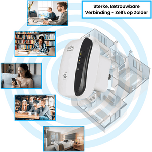 WiFi-repeater met gezin, biedt sterke verbinding door hele huis