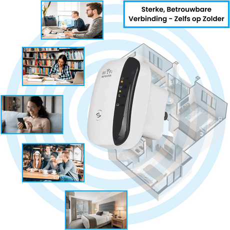 WiFi-repeater met gezin, biedt sterke verbinding door hele huis