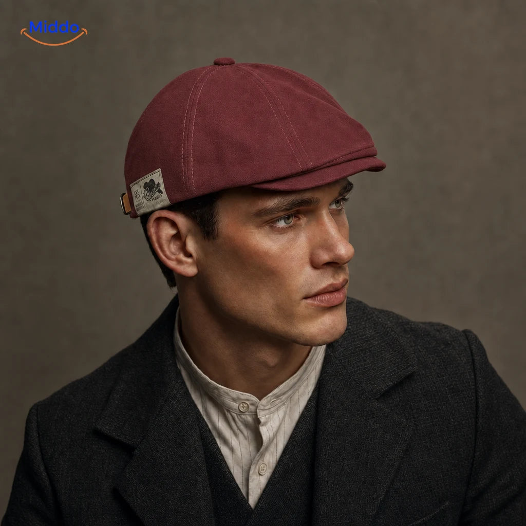 Rode Urban Heritage Flat Cap gedragen door een model