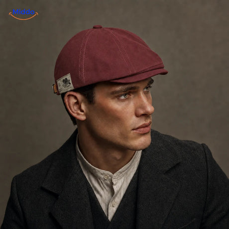 Rode Urban Heritage Flat Cap gedragen door een model