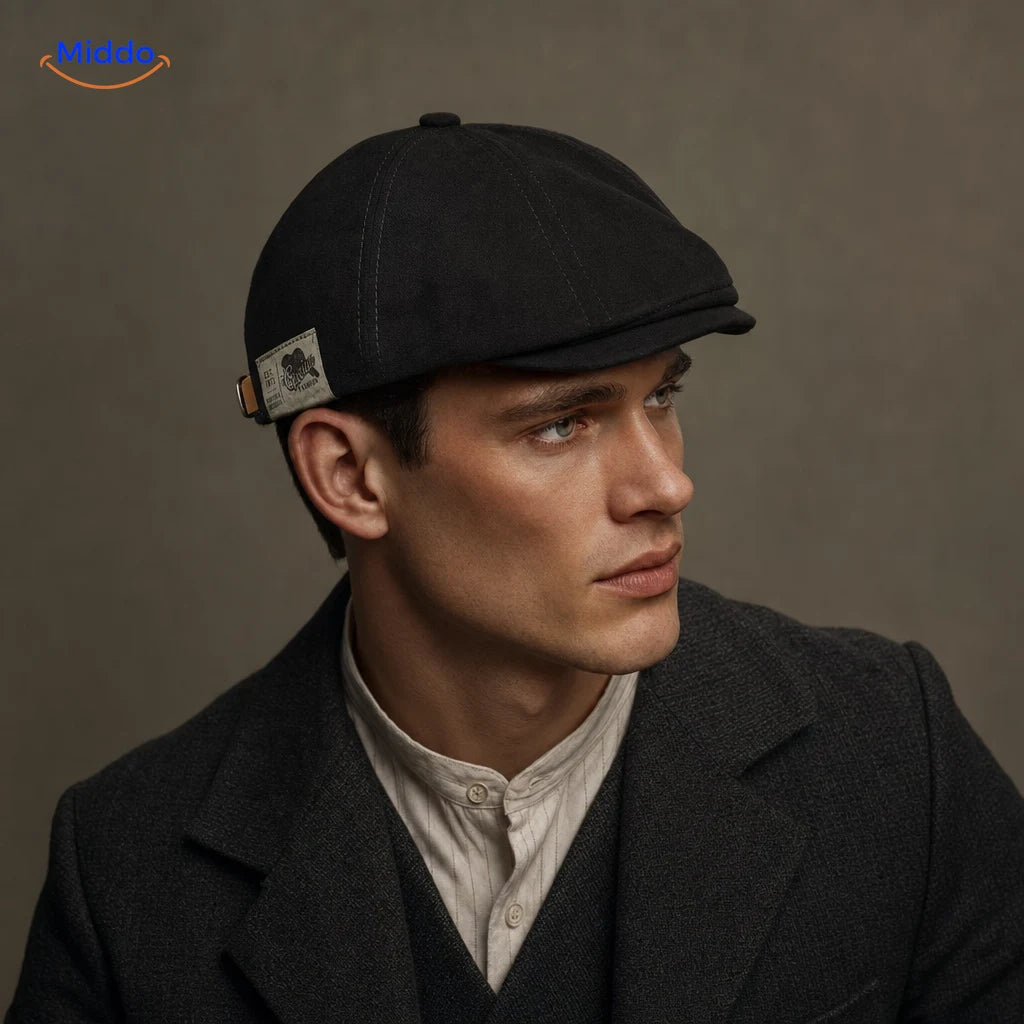 Zwarte Urban Heritage Flat Cap gedragen door een model