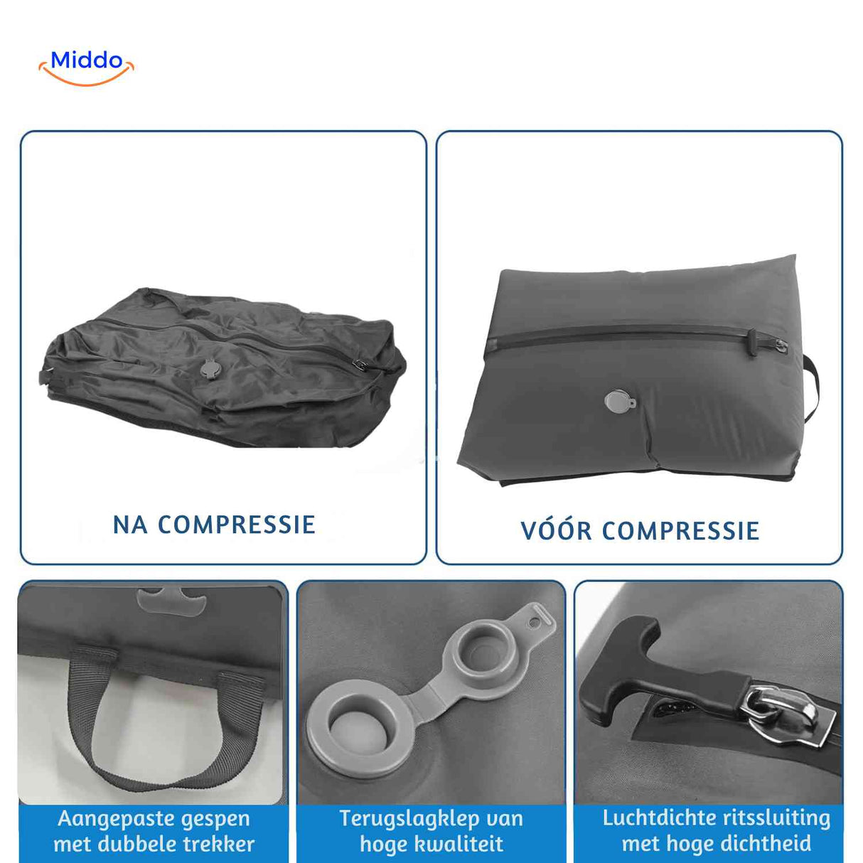 vacubag tas voor en na compressie met handgreep en luchtventiel www.middo.nl