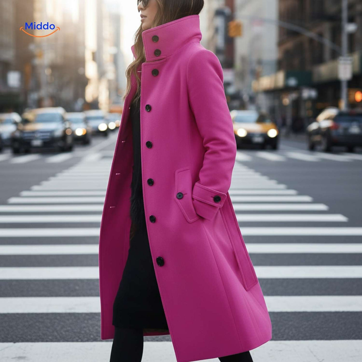 veloura mantel roze elegante lange jas op straat www.middo.nl