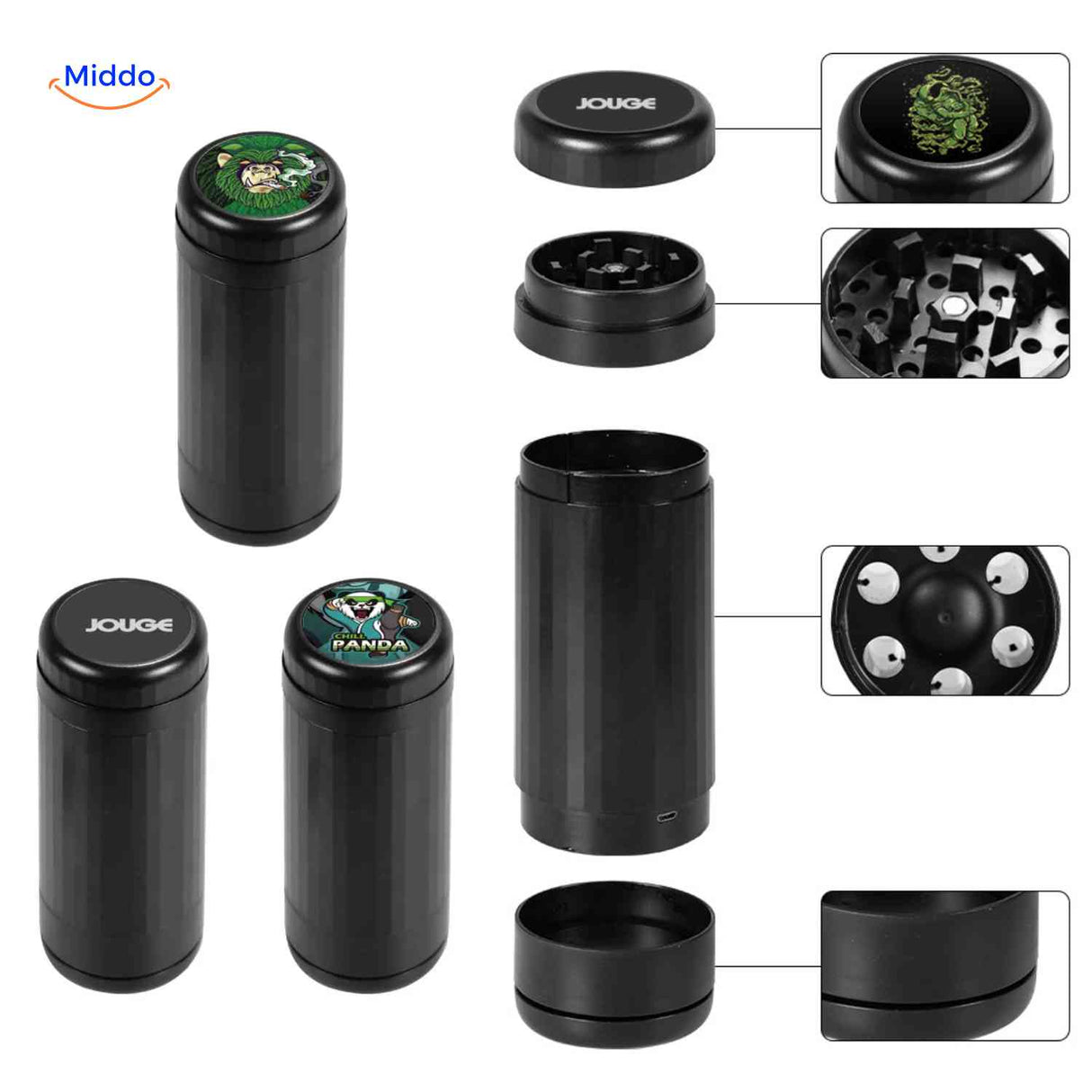 vibrogrind grinder detailweergave met gespecificeerde functieonderdelen www.middo.nl