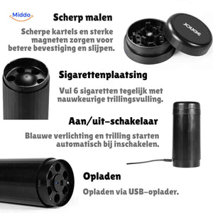 vibrogrind grinder met scherpe messen en sigarettenhouder details www.middo.nl