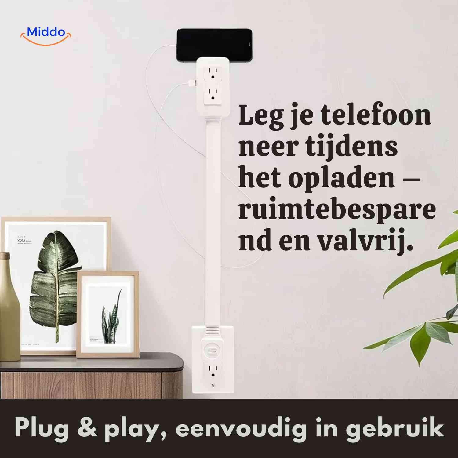 voltiflex stopcontact ruimtebesparende oplaadoplossing met telefoonhouder www.middo.nl