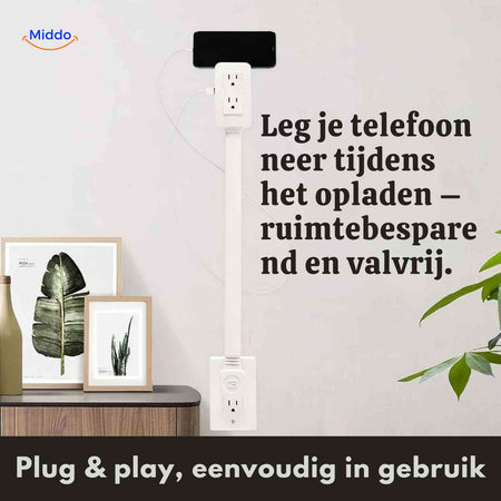 voltiflex stopcontact ruimtebesparende oplaadoplossing met telefoonhouder www.middo.nl