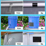 Diverse objecten gerepareerd met watervaste tape, voor en na.