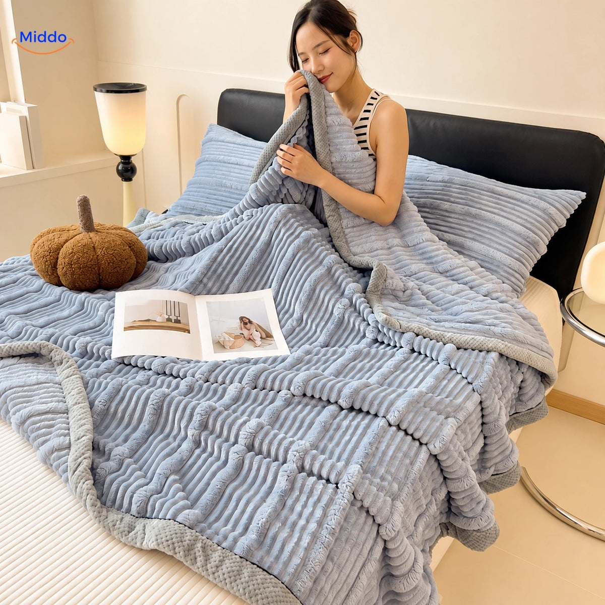 Winterra deken met ribstructuur in blauwgrijs en zachte fleece achterzijde