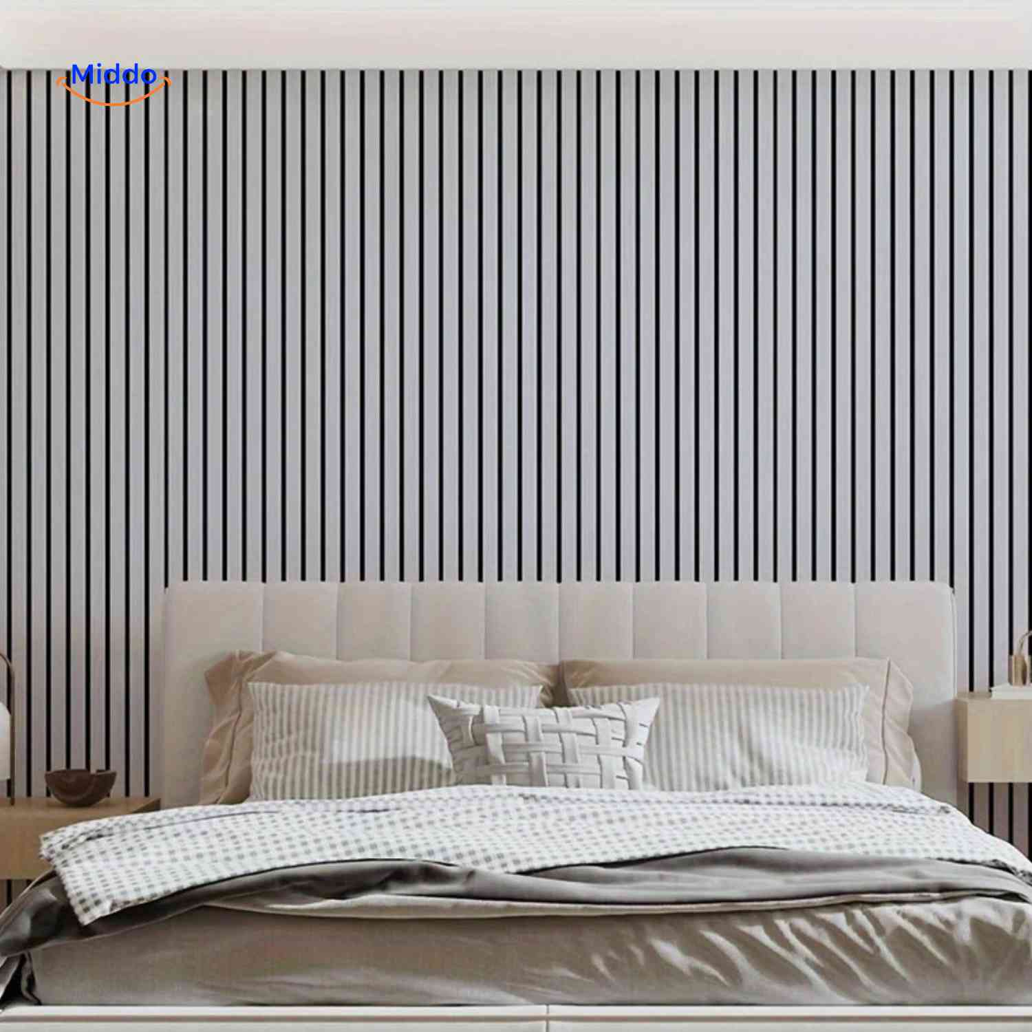 woodline wandpanelen grijs lamellenwand slaapkamer www.middo.nl