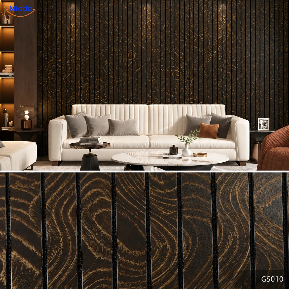 Woodline zelfklevende PVC-wandpanelen – Zwart/goud – GS010