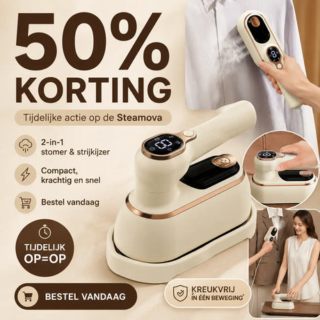 Steamova 2-in-1 stoomstrijkijzer met 50 procent korting actie voor een kreukvrij resultaat