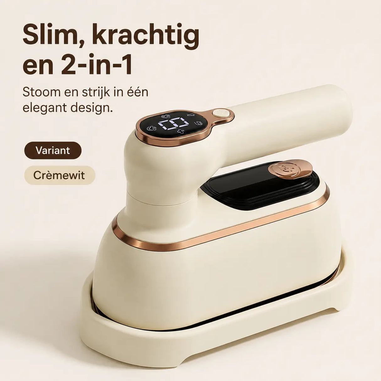 teamova 2-in-1 stoomstrijkijzer in crèmewit met digitaal display en draaibare handgreep