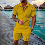 zippora set geel gebreid zomer herenset met rits en korte mouwen www.middo.nl