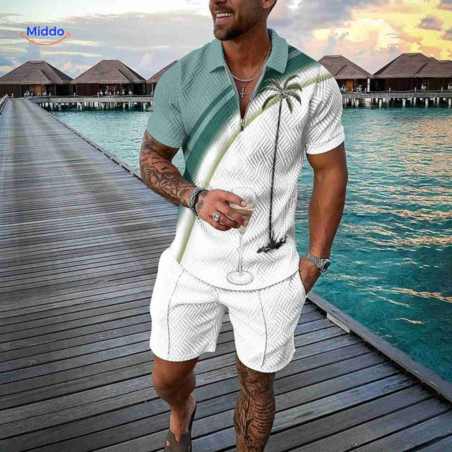 zippora set palmboom strand look groen wit zomer outfit www.middo.nl